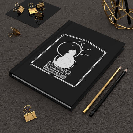 A cat perches atop a stack of beloved classics under a full moon under the branch of a blooming tree upon this quaint journal. Share your thoughts and write your adventures with the reading cat; channel the spirit of Shakespeare and weave great comedies, a